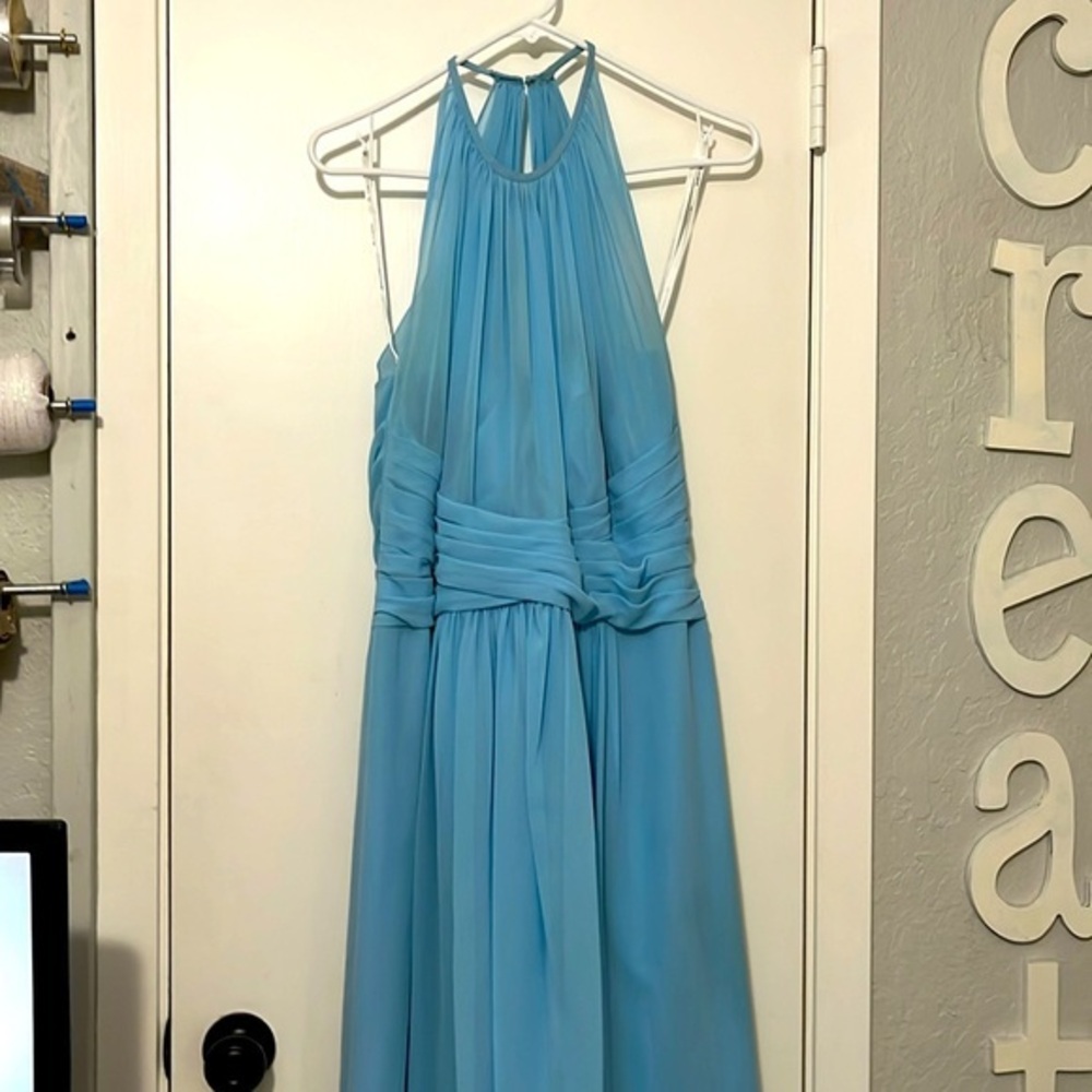 B2 Jasmine light blue formal lined off shoulder with sheer halter